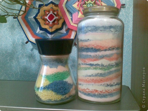  Декор предметов Коллаж: Бутылки с крупами и солью Бутылки стеклянные, Гуашь, Крупа, Пряжа, Соль. Фото 3