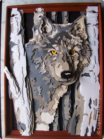  Картина, панно Аппликация: 3D (объемная) аппликация "Волк" Бумага. Фото 1