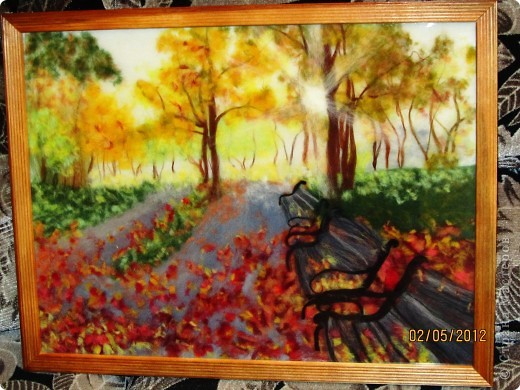  Картина, панно, Мастер-класс Валяние (фильцевание): Картина из шерсти "Осень в парке" Шерсть. Фото 17