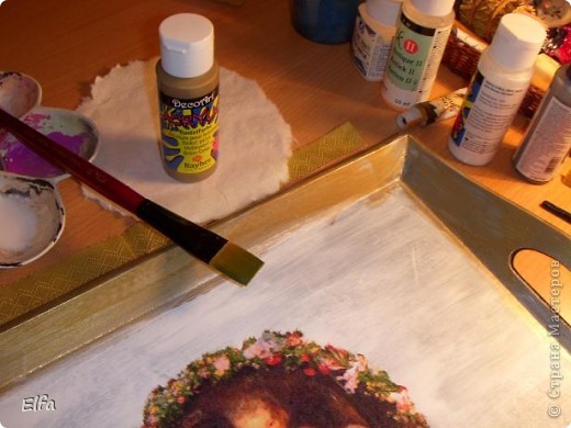 Декор предметов, Мастер-класс Декупаж: Поднос "Мадонна с младенцем", Рубенс. Краска, Салфетки. Фото 6