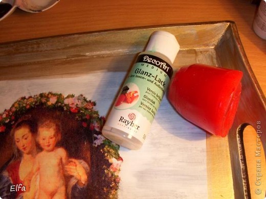 Декор предметов, Мастер-класс Декупаж: Поднос "Мадонна с младенцем", Рубенс. Краска, Салфетки. Фото 8