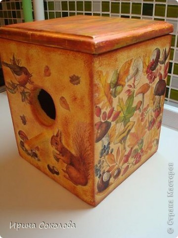 Декор предметов, Мастер-класс Декупаж: Новая жизнь старого скворечника Картон, Клей, Краска, Пастель, Салфетки Отдых, Праздник осени. Фото 18