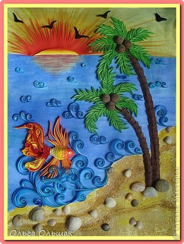  Картина, панно Квиллинг: Море, солнце, белый песок.... Акварель, Бумага бархатная, Бумажные полосы, Крупа, Материал природный, Ракушки. Фото 1