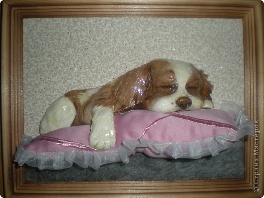 Картина панно рисунок Лепка Спящий щенок Гуашь Тесто соленое Ткань фото 1