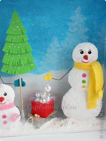 Мастер-класс Новый год Новый Год в семье Снеговиковых Бумага Бусинки Вата Картон гофрированный Клей Краска фото 29