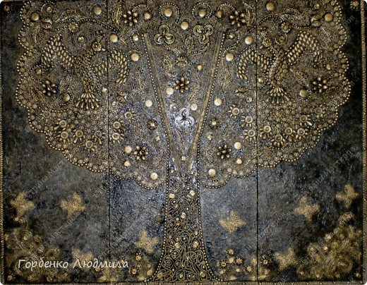 Картина панно рисунок Мастер-класс Ассамбляж Панно-триптих Райский сад Бисер Бусины Материал бросовый Пайетки Пуговицы Салфетки фото 2