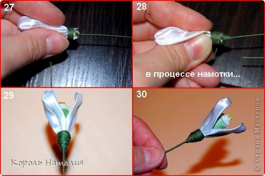 Мастер-класс Украшение Цумами Канзаши МК Подснежники Ленты фото 9