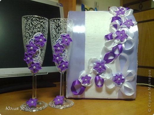 Декор предметов Свадьба Лепка Фиолетовый наборчик Бусинки Глина Ленты Стаканы Стекло