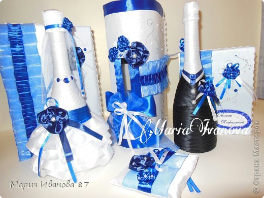 Декор предметов Свадьба Свадебный набор в синем цвете Бисер Бусинки Глина Ленты фото 2