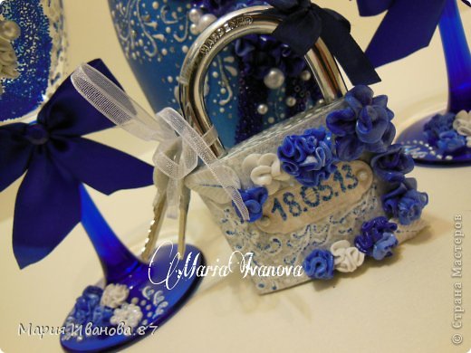 Декор предметов Свадьба Свадебный набор в синем цвете Бисер Бусинки Глина Ленты фото 10