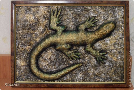 Картина панно рисунок Мастер-класс Папье-маше Ящерка Гуашь Клей Салфетки фото 1