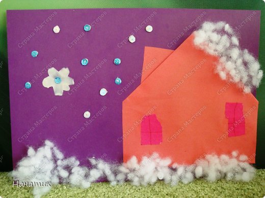Картина панно рисунок Мастер-класс Раннее развитие Новый год Аппликация Оригами Домик-оригами знакомство дочурки с оригами Картон Клей Пайетки фото 1
