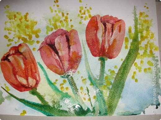 Скоро 8 марта, предлагаю нарисовать тюльпаны в двух вариантах. Я обещала детям, что будет что-нибудь необычное в технике рисования, пришлось выполнять обещание. фото 49