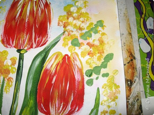 Скоро 8 марта, предлагаю нарисовать тюльпаны в двух вариантах. Я обещала детям, что будет что-нибудь необычное в технике рисования, пришлось выполнять обещание. фото 25