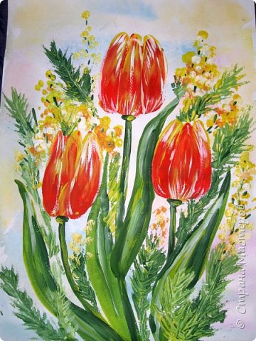 Скоро 8 марта, предлагаю нарисовать тюльпаны в двух вариантах. Я обещала детям, что будет что-нибудь необычное в технике рисования, пришлось выполнять обещание. фото 28