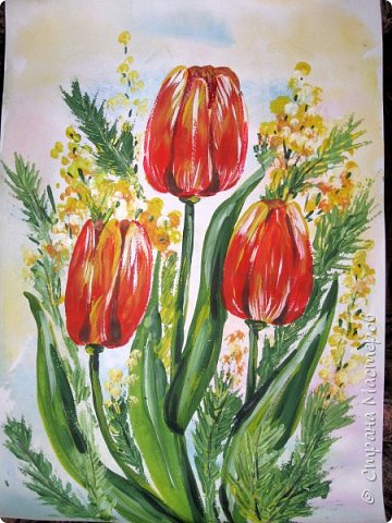 Скоро 8 марта, предлагаю нарисовать тюльпаны в двух вариантах. Я обещала детям, что будет что-нибудь необычное в технике рисования, пришлось выполнять обещание. фото 31