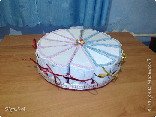 Дорогие мастерицы, я сделала этот бумажный торт в подарок на день рождения своей бабушке. Каждая коробка содержит пачку чая. Украшена бумажными цветами и стразами. В центре торта я приклеила букет цветов из шоколадных конфет. фото 20