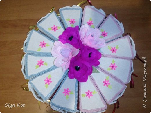 Дорогие ремесленники и мастерицы, я сделала этот бумажный торт в подарок на день рождения своей бабушке. Каждая коробка содержит пачку чая. Украшена бумажными цветами и стразами. В центре торта я приклеила букет цветов из конфет. фото 1