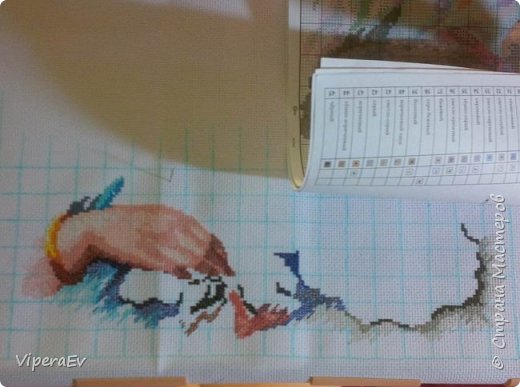 Начала вышивать я с нижнего левого угла. Надо сказать, что эти набором я просто грезила! Наконец заполучив его я отложила все свои текущие вышивки и стала вышивать её! (фото 2)